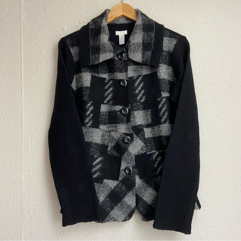 Vintage Chico's Wool Blend Button Jacket Blazer Size 2 Black Checkered - Picture 9 of 10